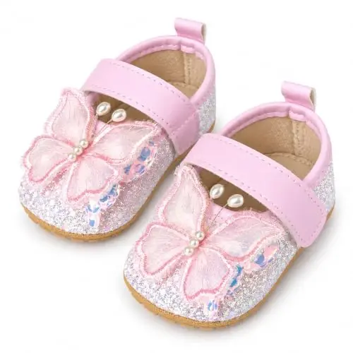 Antheron Baby Girls Mary Jane Flats Soft Sole Infant Moccasins Floral Sparkly Toddler Princess Dress Shoes - 1