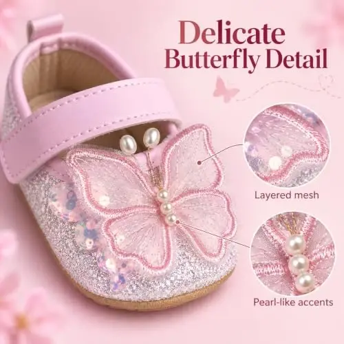 Antheron Baby Girls Mary Jane Flats Soft Sole Infant Moccasins Floral Sparkly Toddler Princess Dress Shoes - ANTHERON (1)