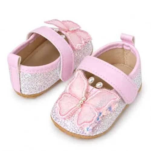 Antheron Baby Girls Mary Jane Flats Soft Sole Infant Moccasins Floral Sparkly Toddler Princess Dress Shoes - 4