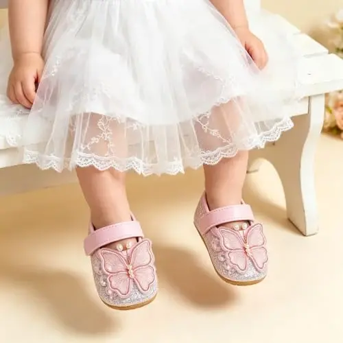 Antheron Baby Girls Mary Jane Flats Soft Sole Infant Moccasins Floral Sparkly Toddler Princess Dress Shoes - 5