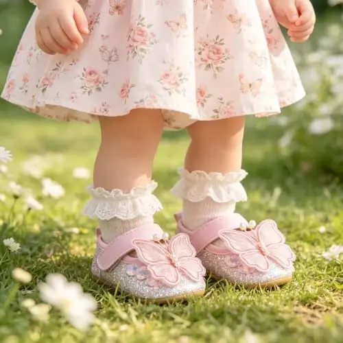 Antheron Baby Girls Mary Jane Flats Soft Sole Infant Moccasins Floral Sparkly Toddler Princess Dress Shoes - 6