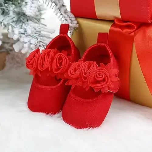 Antheron Baby Girls Mary Jane Flats Yumshoq taglikli chaqaloq mokasinlari Gul naqshli yaltiroq qizaloq malika tufli - 3