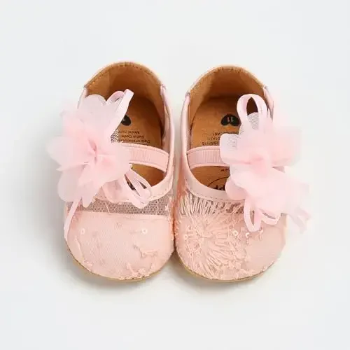 Antheron Baby Girls Mary Jane Flats Yumshoq taglikli chaqaloq mokasinlari Gullari porloq yosh bolalar malika ko'ylak poyafzallari - 7