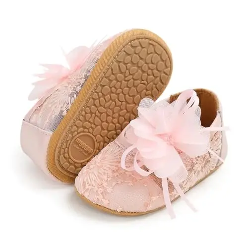 Antheron Baby Girls Mary Jane Flats Yumshoq taglikli chaqaloq mokasinlari Gullari porloq yosh bolalar malika ko'ylak poyafzallari - ANTHERON
