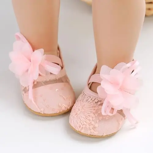 Antheron Baby Girls Mary Jane Flats Yumshoq taglikli chaqaloq mokasinlari Gullari porloq yosh bolalar malika ko'ylak poyafzallari - 4