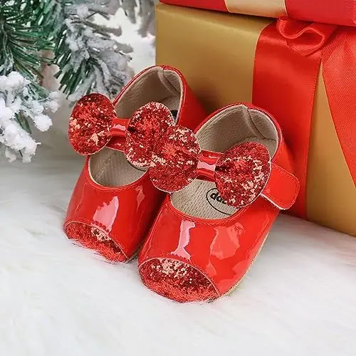 Antheron Baby Girls Mary Jane Flats Yumshoq Taglikli Chaqaloq Mokasinlari Gullari Uchqunli Bola malika ko'ylak poyabzallari - 3