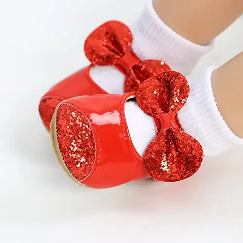 Antheron Baby Girls Mary Jane Flats Yumshoq Taglikli Chaqaloq Mokasinlari Gullari Uchqunli Bola malika ko'ylak poyabzallari - 4