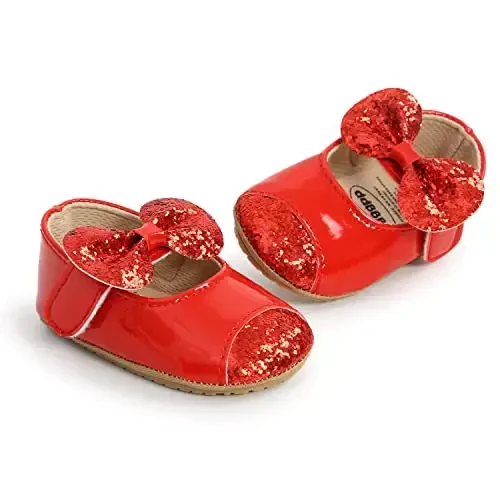 Antheron Baby Girls Mary Jane Flats Yumshoq Taglikli Chaqaloq Mokasinlari Gullari Uchqunli Bola malika ko'ylak poyabzallari - 5