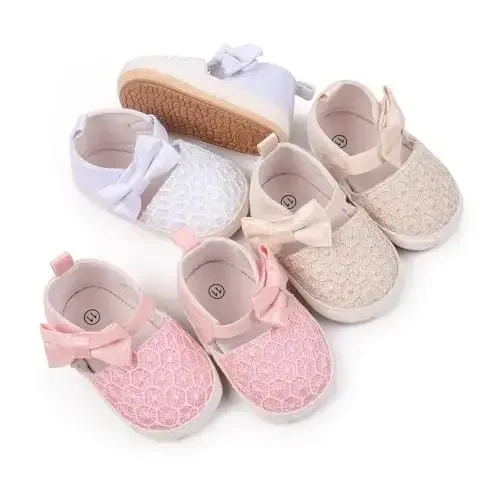 Antheron Baby Girls Mary Jane Flats Yumshoq taglikli chaqaloq mokasinlari Gullari yaltiroq yosh bolalar malika ko'ylak poyabzallari - 3