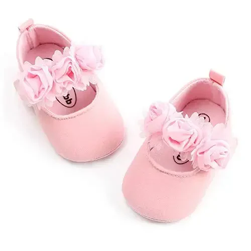 Antheron Baby Girls Mary Jane Flats Yumshoq taglikli go'dak mokasinlari Gul naqshli yaltiroq chaqaloq malika ko'ylak poyafzallari - 3