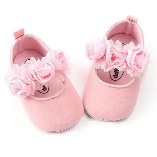 Antheron Baby Girls Mary Jane Flats Yumshoq taglikli go'dak mokasinlari Gul naqshli yaltiroq chaqaloq malika ko'ylak poyafzallari - 5