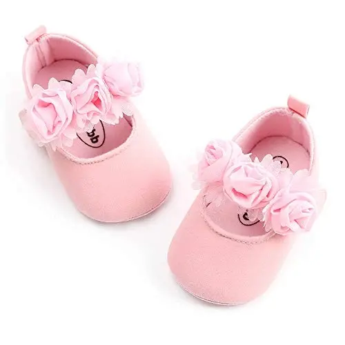 Antheron Baby Girls Mary Jane Flats Yumshoq taglikli go'dak mokasinlari Gul naqshli yaltiroq chaqaloq malika ko'ylak poyafzallari - 3
