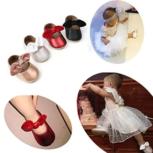 Antheron Baby Girls Mary Jane Flats with Bowknot Non-Slip Toddler First Walkers Princess Dress Shoes - 6