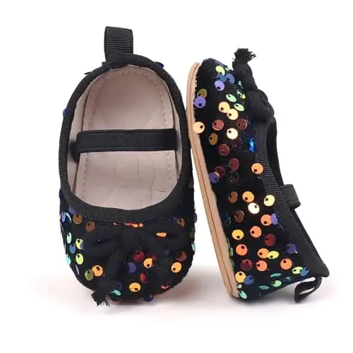 Antheron Baby Girls Mary Jane Flats Soft Sole Infant Moccasins Floral Sparkly Toddler Princess Dress Shoes - 1