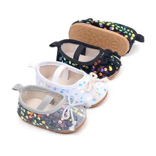 Antheron Baby Girls Mary Jane Flats Soft Sole Infant Moccasins Floral Sparkly Toddler Princess Dress Shoes - 2
