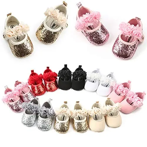 Antheron Baby Girls Mary Jane Flats Soft Sole Infant Moccasins Floral Sparkly Toddler Princess Dress Shoes - 2