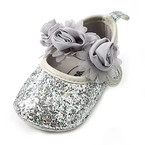 Antheron Baby Girls Mary Jane Flats Soft Sole Infant Moccasins Floral Sparkly Toddler Princess Dress Shoes - 1