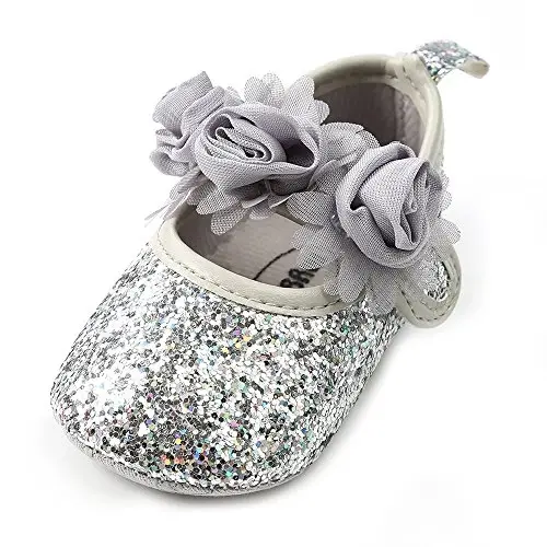 Antheron Baby Girls Mary Jane Flats Soft Sole Infant Moccasins Floral Sparkly Toddler Princess Dress Shoes - 1