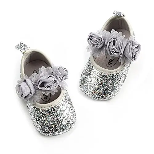 Antheron Baby Girls Mary Jane Flats Soft Sole Infant Moccasins Floral Sparkly Toddler Princess Dress Shoes - 3