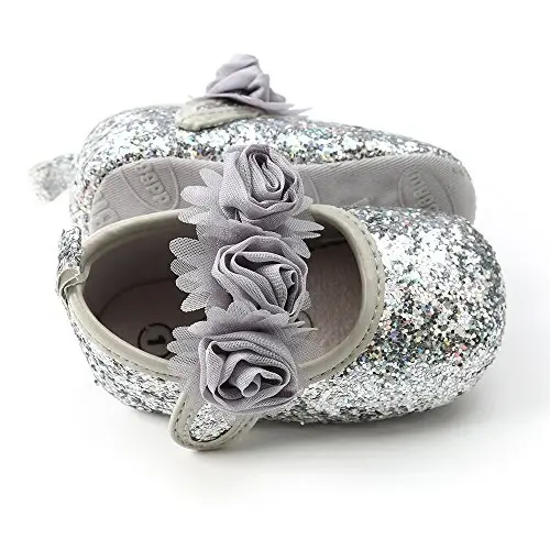 Antheron Baby Girls Mary Jane Flats Soft Sole Infant Moccasins Floral Sparkly Toddler Princess Dress Shoes - 5