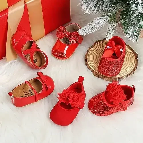 Antheron Baby Girls Mary Jane Flats Soft Sole Infant Moccasins Floral Sparkly Toddler Princess Dress Shoes - 2