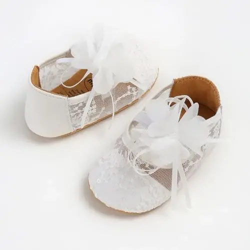Antheron Baby Girls Mary Jane Flats Soft Sole Infant Moccasins Floral Sparkly Toddler Princess Dress Shoes - 6