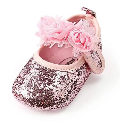 Antheron Baby Girls Mary Jane Flats Soft Sole Infant Moccasins Floral Sparkly Toddler Princess Dress Shoes - 1