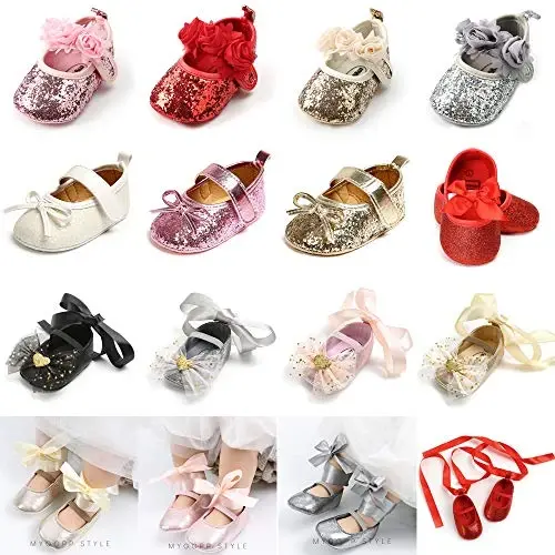 Antheron Baby Girls Mary Jane Flats Soft Sole Infant Moccasins Floral Sparkly Toddler Princess Dress Shoes - 2