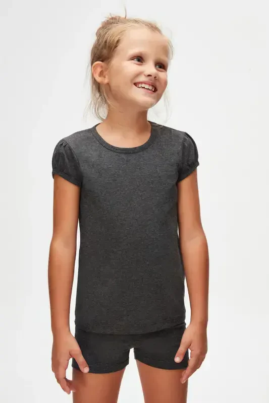 Anthracite Basic Girl Zero Collar Watermelon Sleeve T-shirt-ASPHALT GRAY - 2