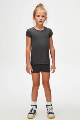 Anthracite Basic Girl Zero Collar Watermelon Sleeve T-shirt-ASPHALT GRAY 
