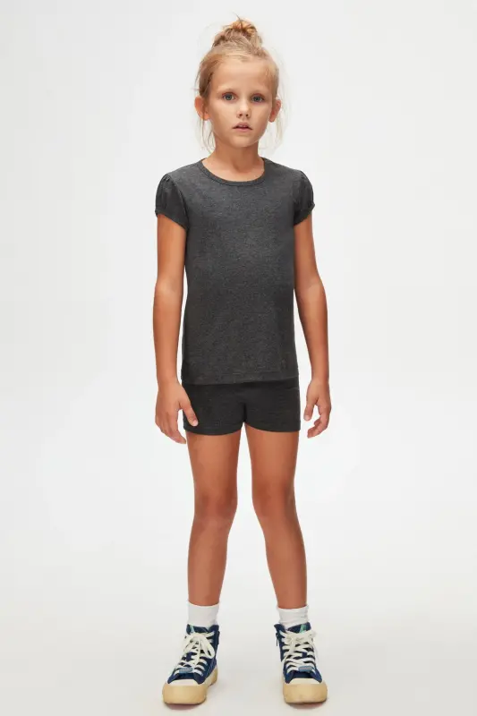 Anthracite Basic Girl Zero Collar Watermelon Sleeve T-shirt-ASPHALT GRAY - 1