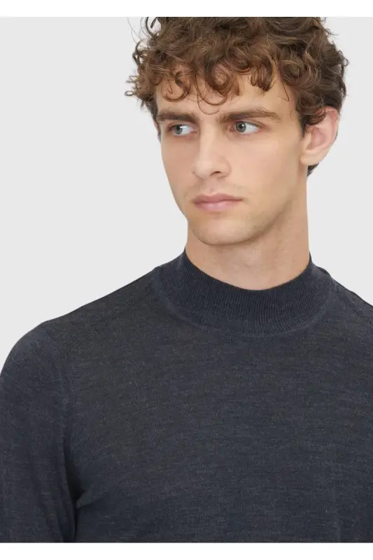 Anthracite Bateau Neck Straight Knit Wool Blend Sweater - 3