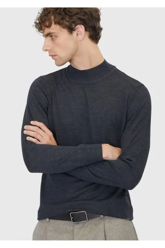Anthracite Bateau Neck Straight Knit Wool Blend Sweater - 4