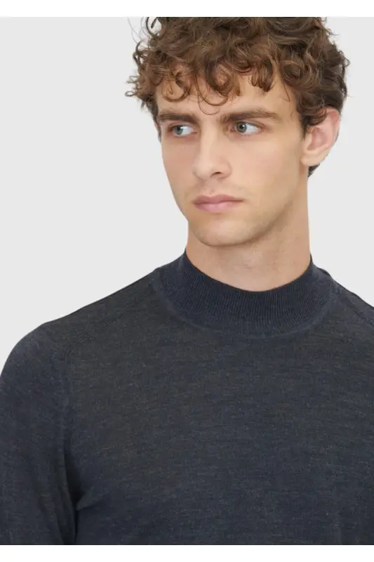 Anthracite Bateau Neck Straight Knit Wool Blend Sweater - 3