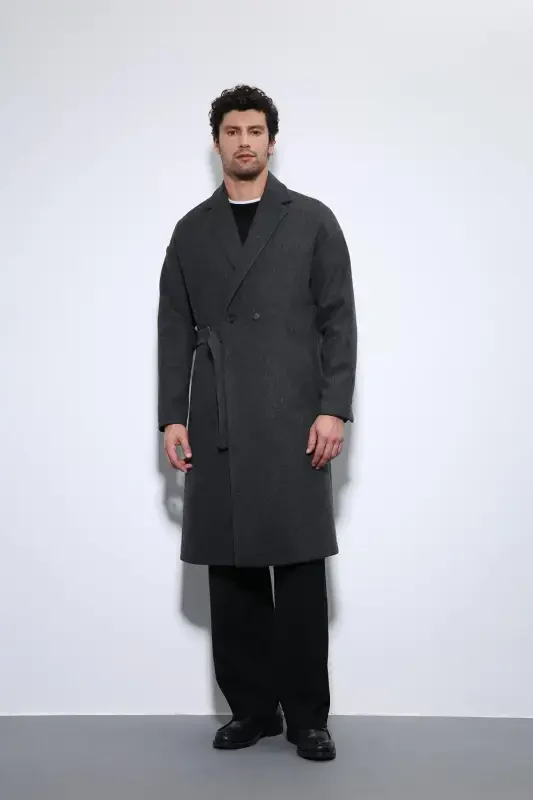 Anthracite Belted Oversize Men's Coat - Anthracite - ANTIOCH