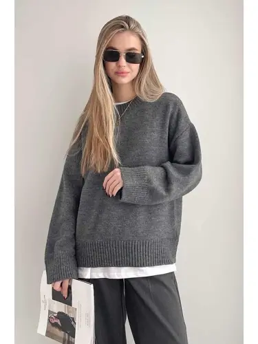 Anthracite Bicycle Collar Oversize Knit Sweater Mg1972-Anthracite - LC WAIKIKI (1)