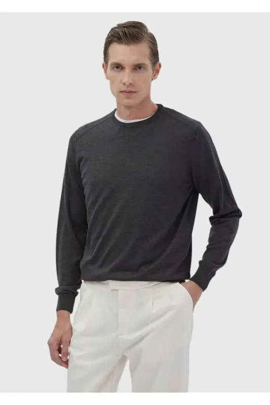 Anthracite Bicycle Neck Straight Knit Wool Blend Sweater - RAMSEY