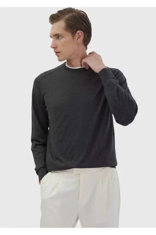 Anthracite Bicycle Neck Straight Knit Wool Blend Sweater - 3