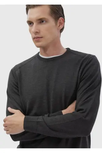 Anthracite Bicycle Neck Straight Knit Wool Blend Sweater - 4