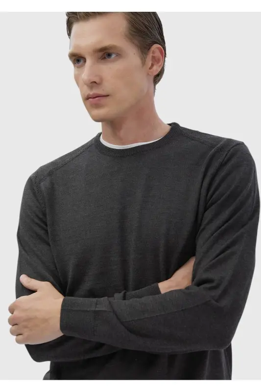 Anthracite Bicycle Neck Straight Knit Wool Blend Sweater - 4