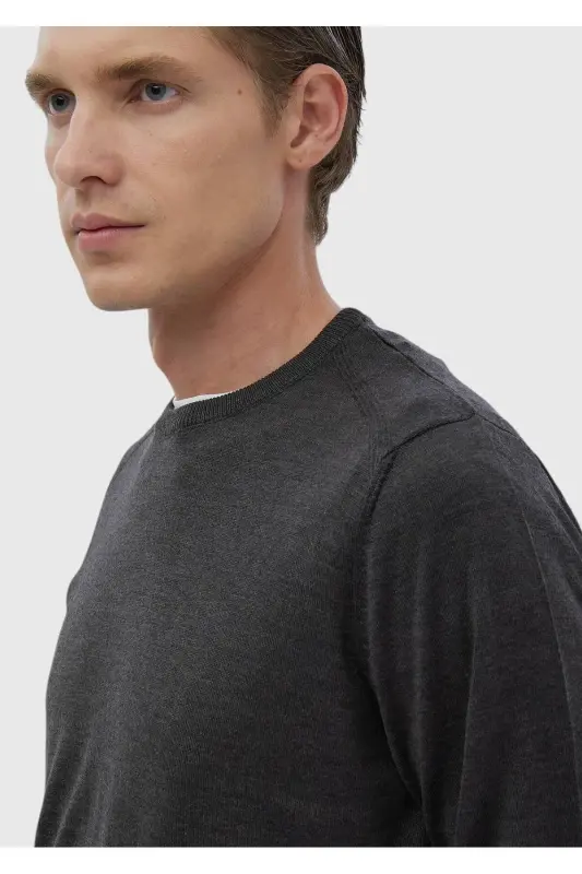 Anthracite Bicycle Neck Straight Knit Wool Blend Sweater - 5