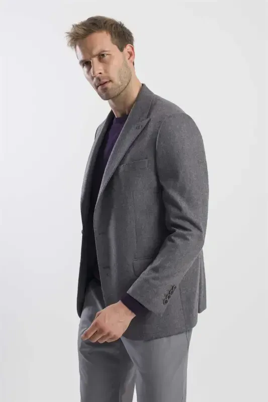 Anthracite Classic Fit Wool Peak Lapel Jacket - 3