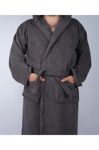 Anthracite Color 100% Cotton Boucle Hooded Model Bathrobe (S-M-L-XL-2XL-3XL-4XL) Plus and Tall Size-Anthracite 
