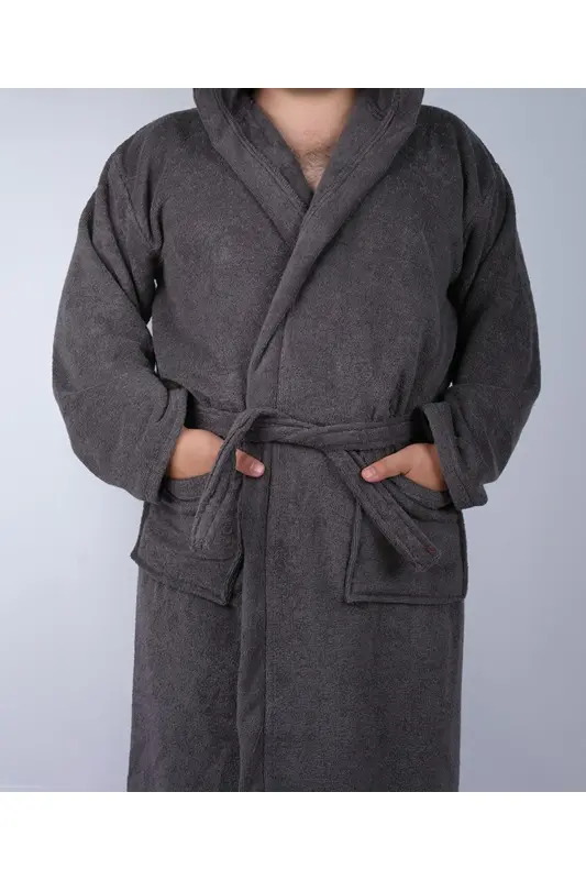 Anthracite Color 100% Cotton Boucle Hooded Model Bathrobe (S-M-L-XL-2XL-3XL-4XL) Plus and Tall Size-Anthracite - DC TEKS