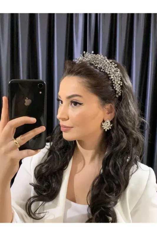 Anthracite Color Beaded Bridal Henna Wedding Crown-Anthracite - 1