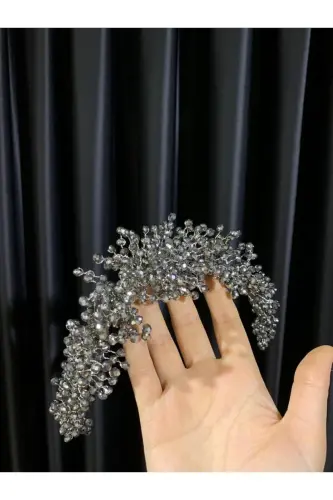 Anthracite Color Beaded Bridal Henna Wedding Crown-Anthracite - BEYOĞLU NİŞANTAŞI (1)