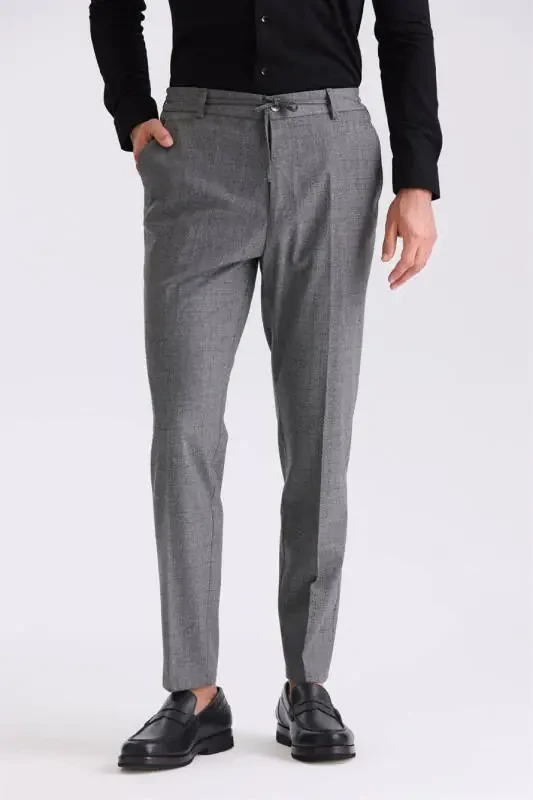 Anthracite Comfort Fit Elastic Waist Wool Fabric Pants - 1