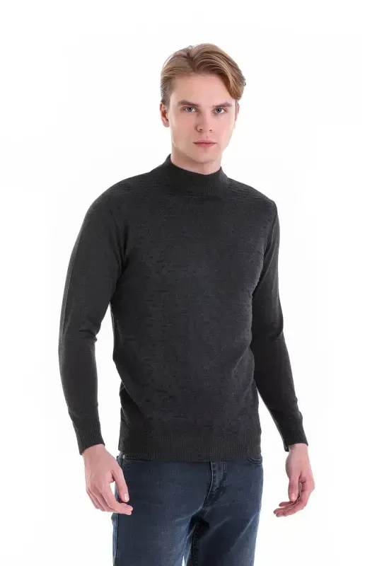 Anthracite Comfort Fit Jacquard Half Turtleneck Wool Knit Sweater-Anthracite - 1