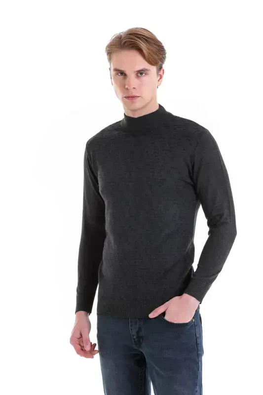 Anthracite Comfort Fit Jacquard Half Turtleneck Wool Knit Sweater-Anthracite - 2