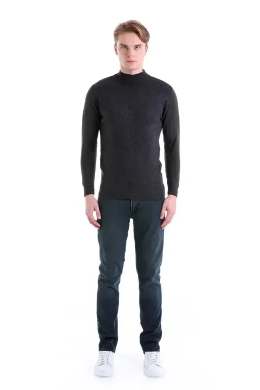 Anthracite Comfort Fit Jacquard Half Turtleneck Wool Knit Sweater-Anthracite - 4